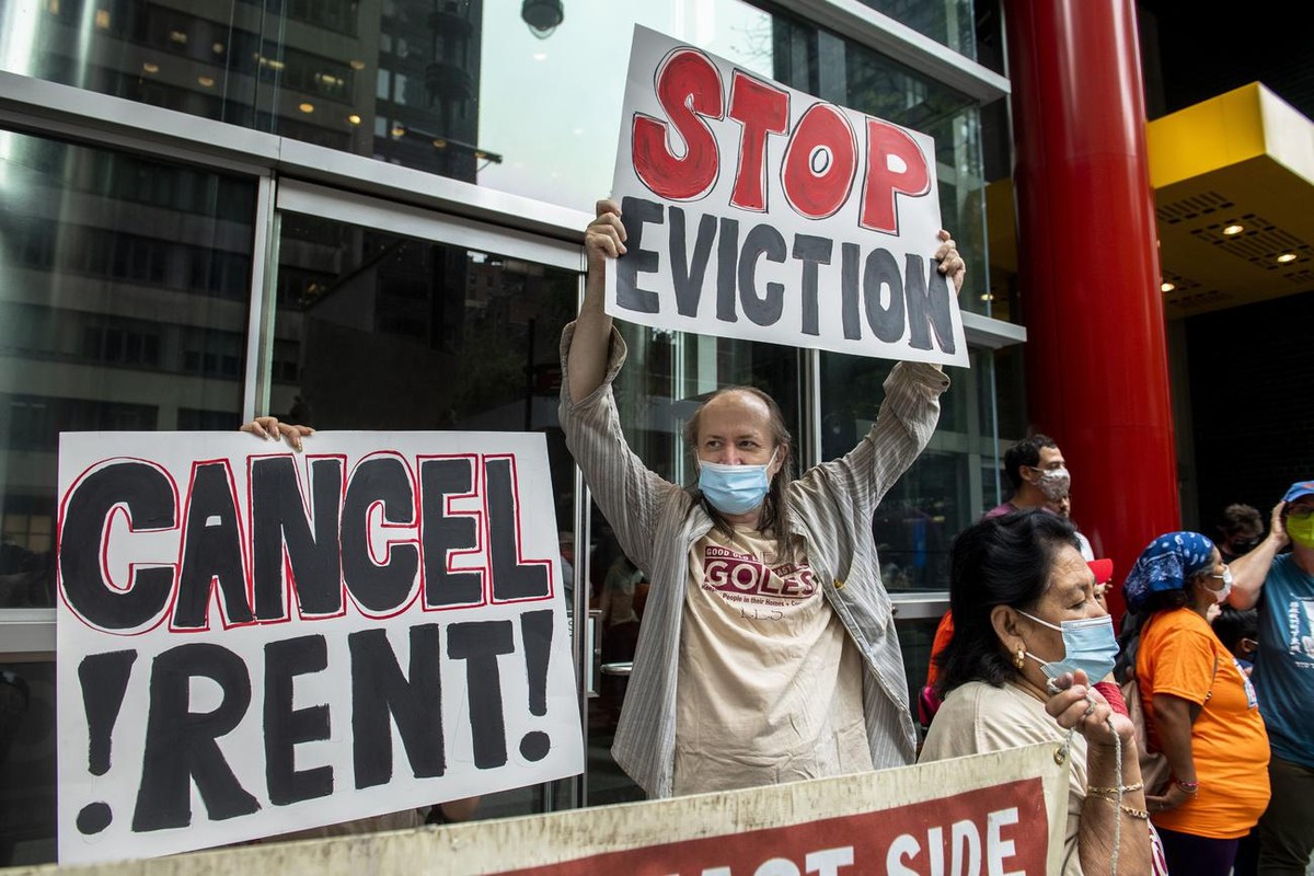 FILE - In this Aug. 4, 2021, file photo, housing advocates protest outside Gov. Andrew Cuomo's office on the eviction moratorium in New York. The Supreme Court is blocking part of New York's ...