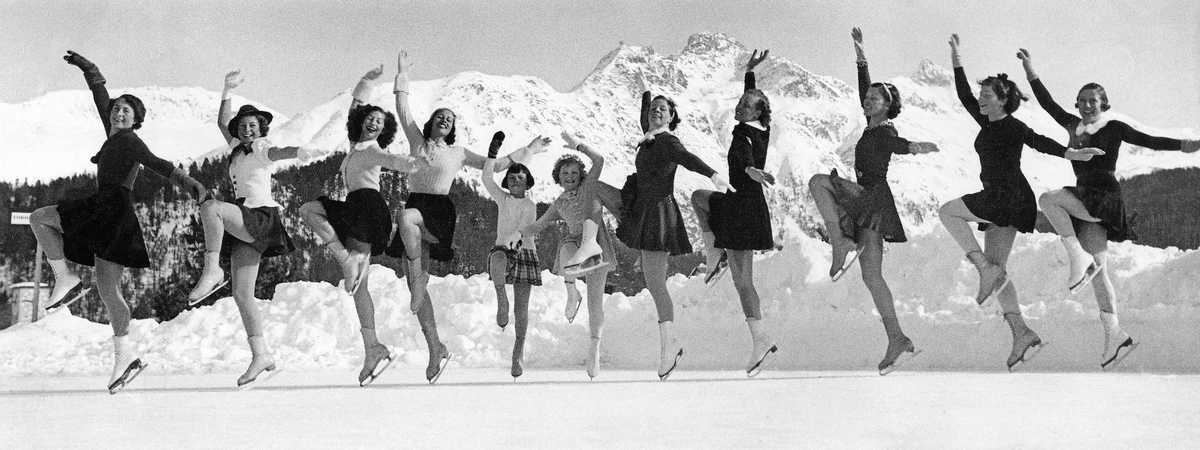 SWITZERLAND SAINT MORITZ 1938-01. Figure skaters from all over Europe train on the ice rinks in St. Moritz for upcoming competitions. Seen here from left Inge Manger Switzerland, Susi Demoll Germany,  ...