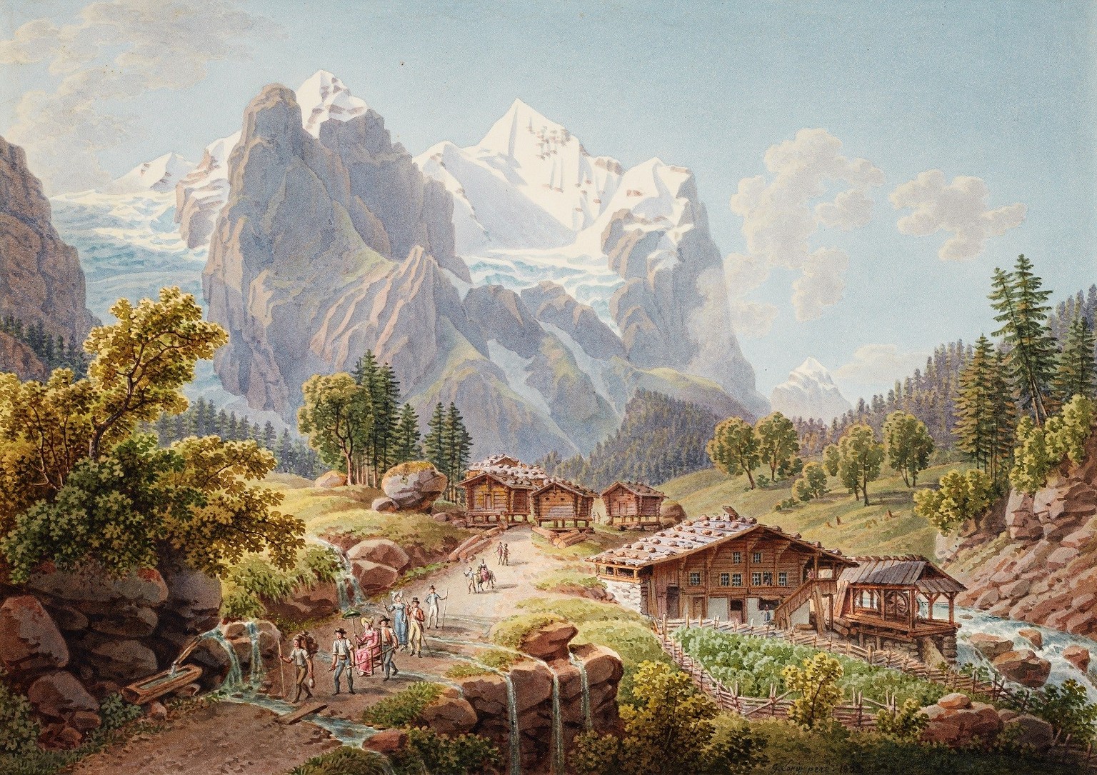 Early romantic depiction of Switzerland with a chalet.  Gabriel Lory Père, View of the Rosenlauigletscher with Wellhorn and Wetterhorn, 1823. https://www.helveticarchives.ch/detail.aspx?ID=1098612