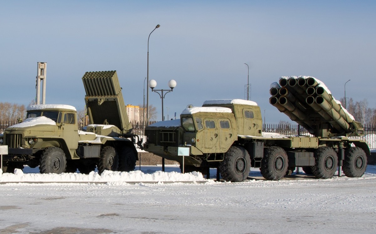 Russian weapons.Soviet Katyusha combat vehicles on a blue sky background