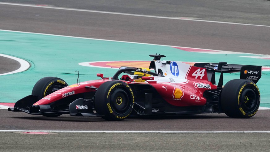 Britain's Lewis Hamilton steers his Ferrari Formula One SF-26 at the Ferrari private test track, in Fiorano Modenese, Italy, Friday, Jan. 23, 2026. (AP Photo/Antonio Calanni)
Lewis Hamilton