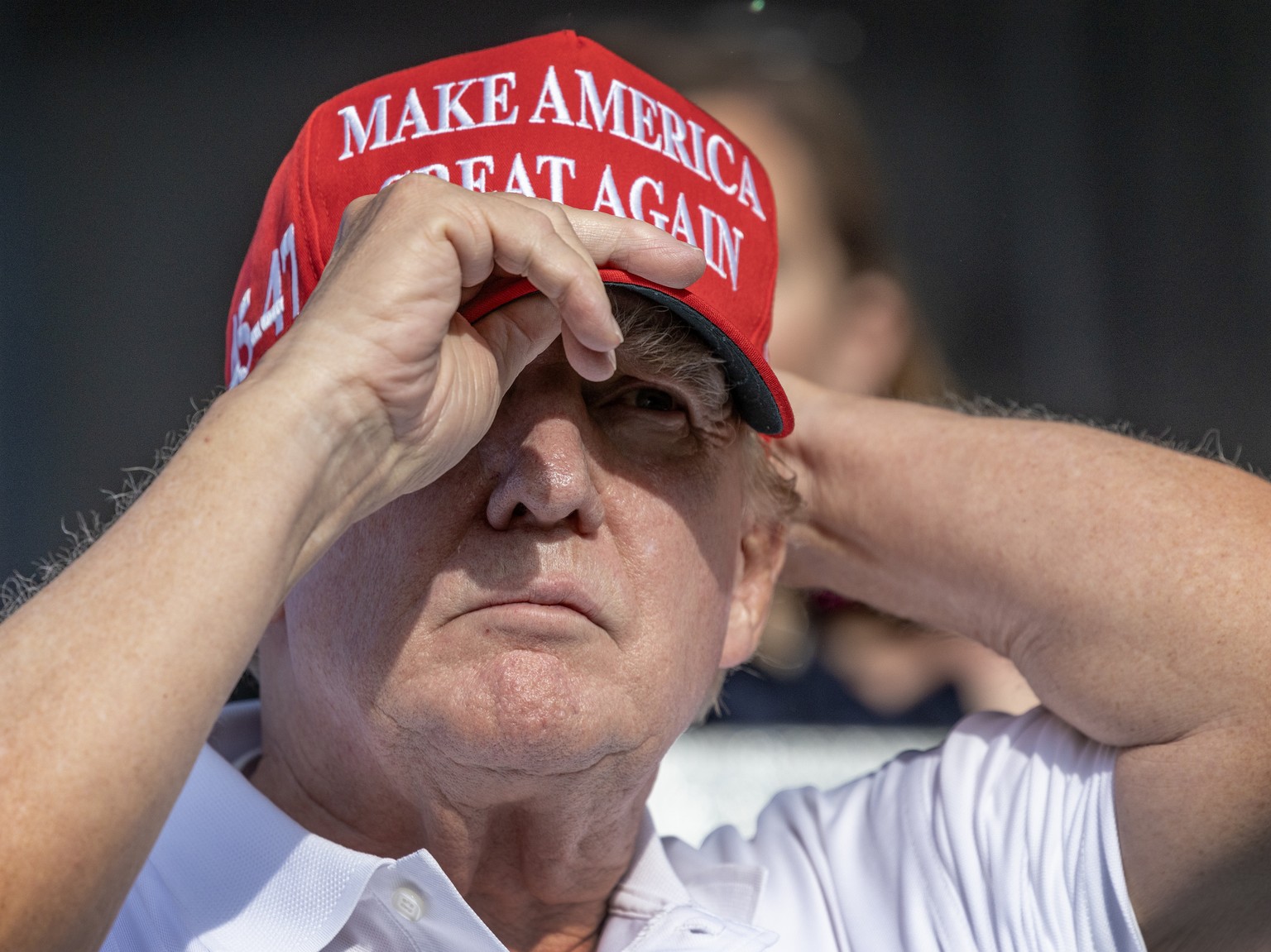 epaselect epa11264856 Former US President Donald Trump attends the final of the LIV Golf Team Championship celebrated at the Trump National Doral in Doral, Florida, USA, 07 April 2024. EPA/CRISTOBAL H ...