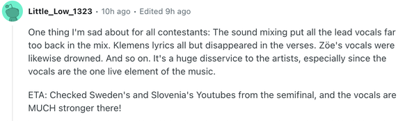 ESC 
1. halbfinale 2025 https://www.reddit.com/r/eurovision/comments/1klxx7m/reactions_hot_takes_salt_and_venting_thread_esc/