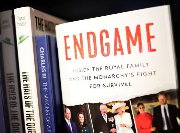 epa11001387 Copies of British journalist and author Omid Scobie's book Endgame goes on sale at a bookstore in London, Great Britain, on November 29, 2023.  The Dutch edition of the book about the British royal family ...