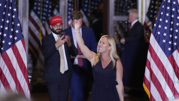 Rep.  Marjorie Taylor Greene, R-Ga., before former President Donald Trump speaks at his Mar-a-Lago estate hours after being charged in New York City, Tuesday, April 4, 2023, in Palm Beach, Fla.  (APP...