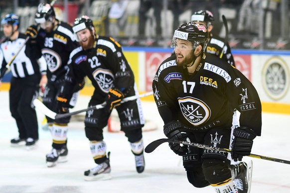 LuganoÃs player Luca Fazzini celebrates the 5-1 goal during the fourth match of the semifinal of National League Swiss Championship 2017/18 between HC Lugano and EHC Biel, at the ice stadium Resega i ...