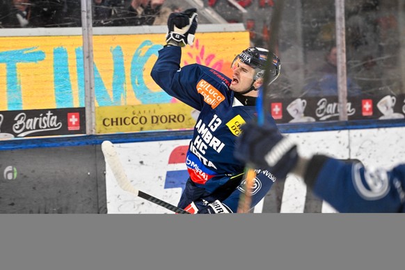 Manix Landry (HCAP) celebrate his goal, during the regular season National League game between HC Ambri Piotta and EV Zug at the ice stadium Gottardo Arena, Switzerland, January 6, 2026. (KEYSTONE/Ti- ...