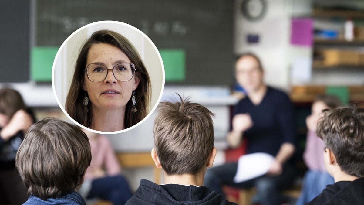 Une classe d'école primaire. Anne Hiltpold en médaillon.