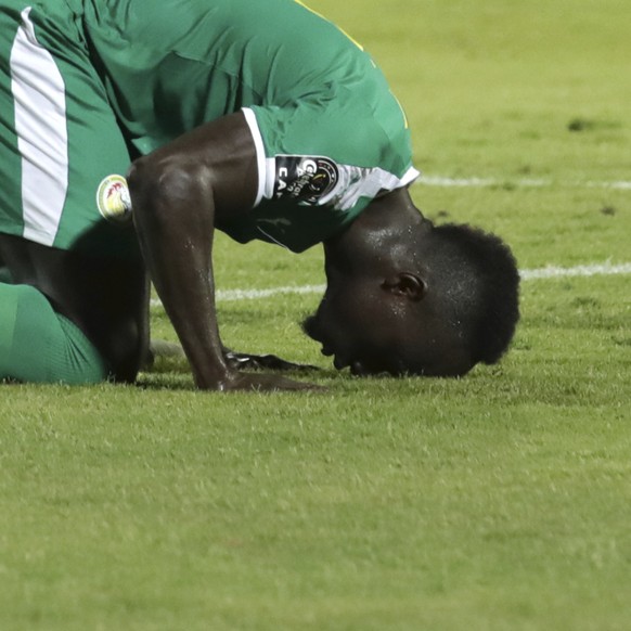 Senegal&#039;s Sadio Mane celebrates after scoring his side&#039;s third goal from the penalty spot during the African Cup of Nations group D soccer match between Kenya and Senegal in 30 June Stadium  ...