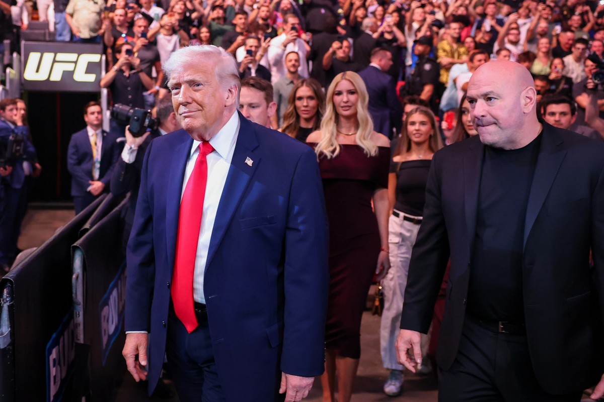 President Donald Trump attends UFC 327 at Kaseya Center, Saturday, April 11, 2026, in Miami, with Dana White. (Tasos Katopodis/Pool via AP)
Trump