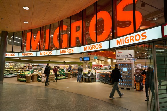 Migros Flughafen, ZURICH, SWITZERLAND - CIRCA OCTOBER, 2018: entrance to Migros supermarket in Zurich International Airport. Migros is Switzerlands largest retail company