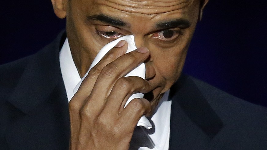 President Barack Obama wipes his tears as he speaks at McCormick Place in Chicago, Tuesday, Jan. 10, 2017, giving his presidential farewell address. (AP Photo/Charles Rex Arbogast)