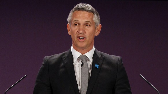 FILE- In this Tuesday, April 24, 2012 file photo, former British soccer player Gary Lineker speaks ahead of the draw for the London 2012 Olympic Soccer tournament, at Wembley Stadium in London. The ci ...