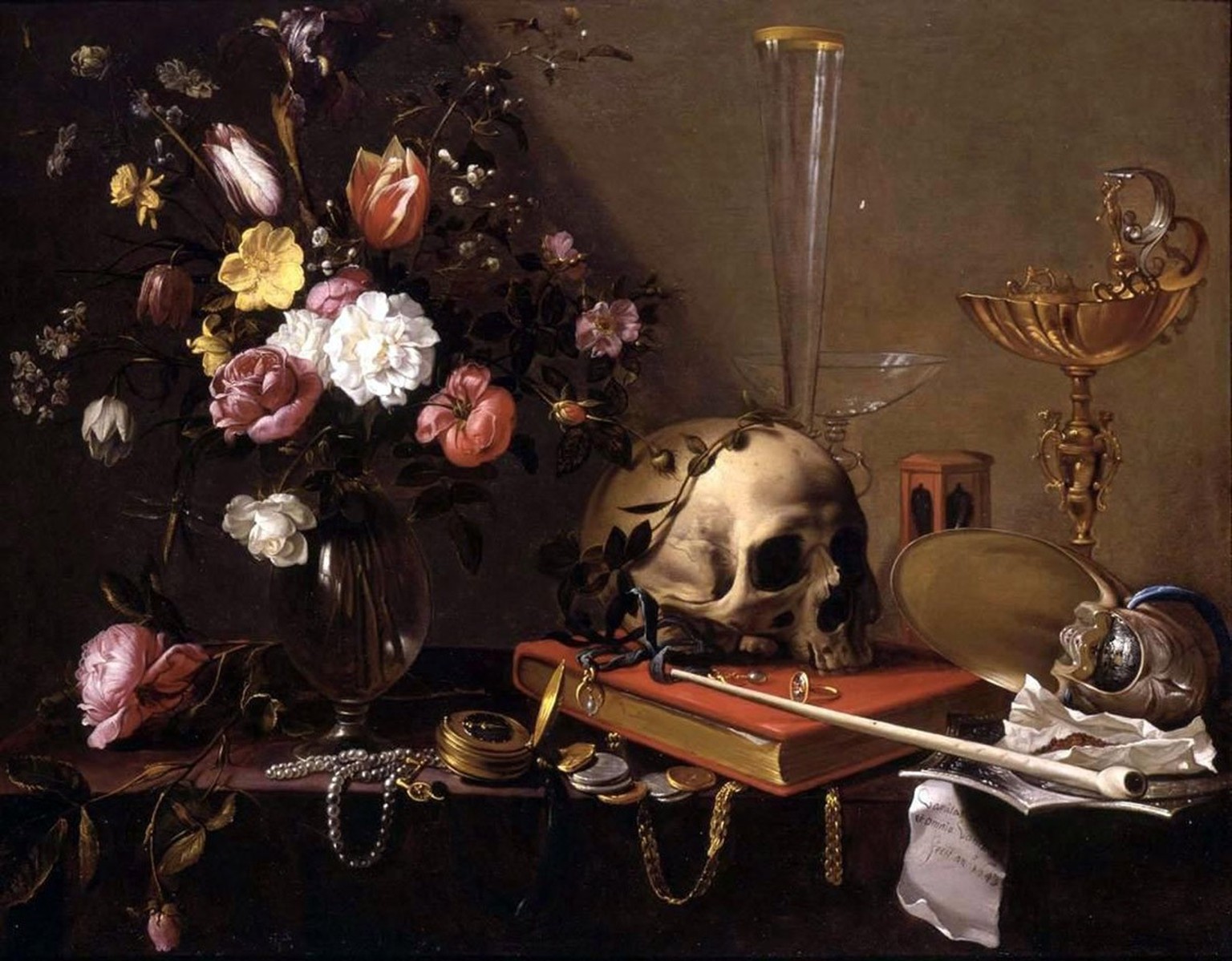 Still life by Adriaen van Utrecht, around 1642. https://commons.wikimedia.org/wiki/File:Adriaen_van_Utrecht-_Vanitas_-_Still_Life_with_Bouquet_and_Skull.JPG
