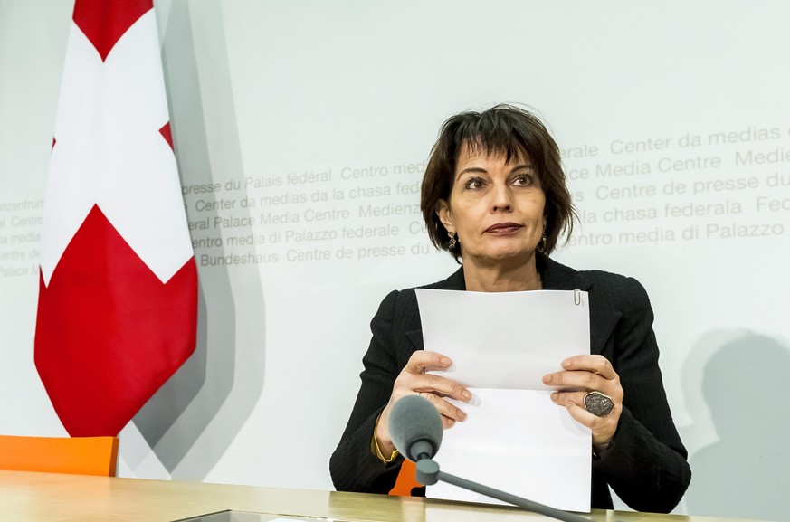 epa05649699 Swiss Federal councillor Doris Leuthard during a press conference about the result of the vote on &#039;An orderly exit from the nuclear power&#039;, in Bern, Switzerland, 27 November 2016 ...