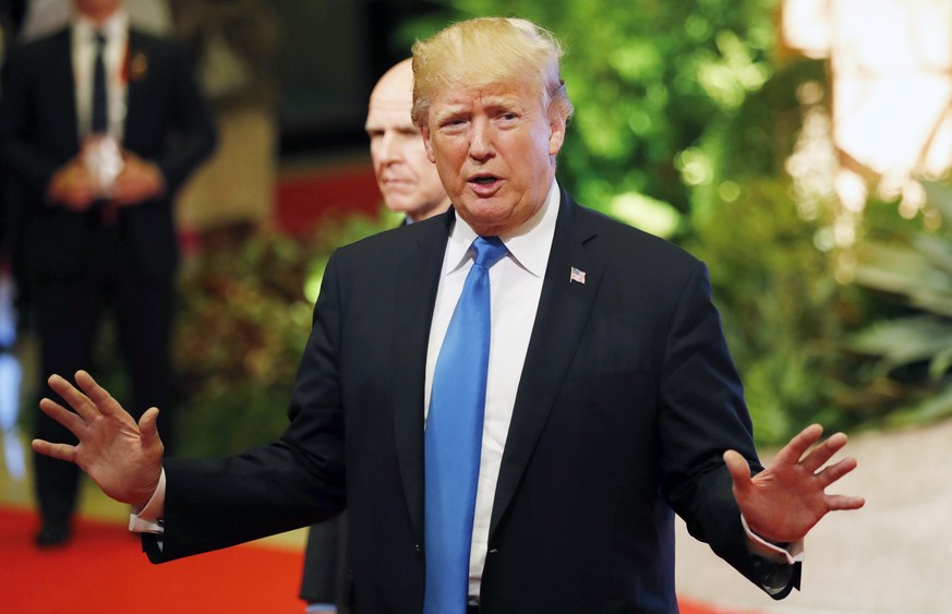 epa06327945 United States President Donald J. Trump gives remarks to the media during the ASEAN East Asia Summit in Manila, Philippines, 14 November 2017. The Philippines is hosting the 31st ASEAN Sum ...