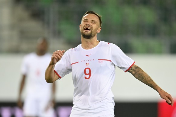 Switzerland&#039;s Haris Seferovic, reacts during a friendly soccer match between Switzerland and the USA, at the kybunpark stadium in St. Gallen, Switzerland, Sunday, May 30, 2021. (KEYSTONE/Gian Ehr ...