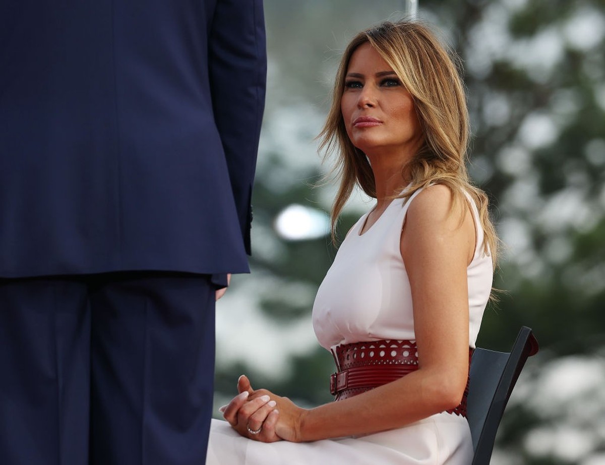 WASHINGTON, DC - JULY 04: First Lady Melania Trump attends an event on the South Lawn of the White House on July 04, 2020 in Washington, DC. President Trump is hosting a "Salute to America"  ...