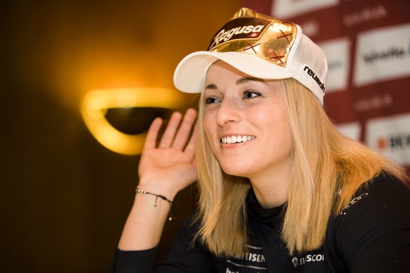 Ski racer Lara Gut of Switzerland speaks during a press conference at the Alpine Skiing FIS Ski World Cup in Crans-Montana, Switzerland, Friday, March 2, 2018. (KEYSTONE/Jean-Christophe Bott)