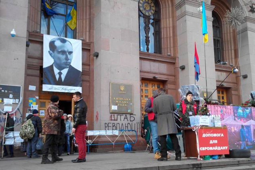 Porträt von Bandera am Rathaus von Kiew während des Euromaidan.&nbsp;