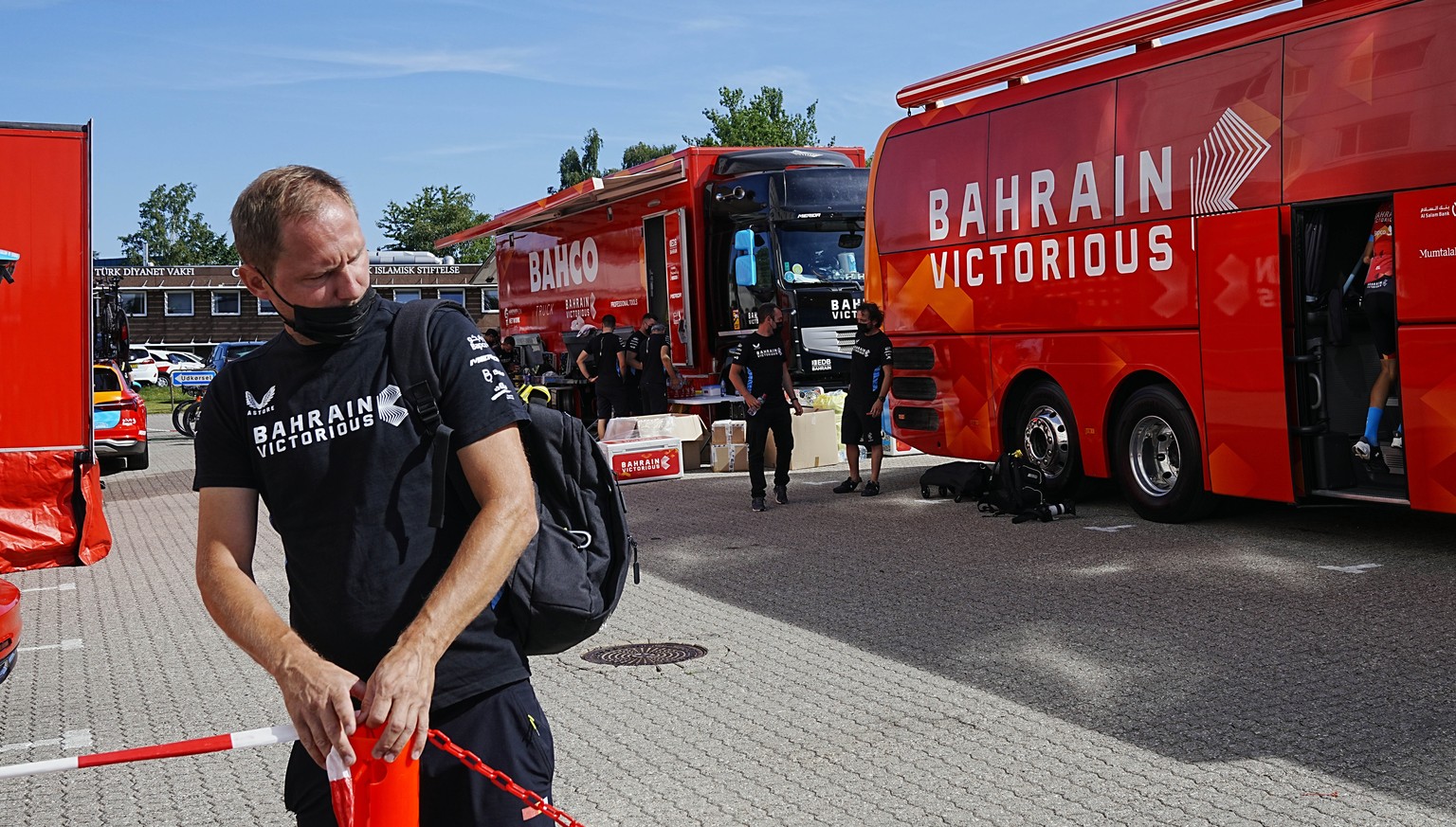 Bahrain Victorious staff outside their hotel in Glostrup, Denmark, Thursday, June 30, 2022. The Bahrain Victorious team at the Tour de France has been raided by police for the second time this week. D ...