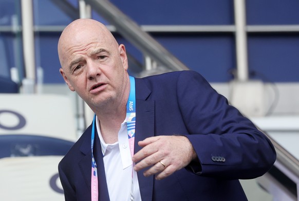 epa11493923 FIFA President Gianni Infantino attends the Men Group C Match Uzbekistan vs Spain of the Soccer competitions in the Paris 2024 Olympic Games, at the Parc de Princes stadium in Paris, Franc ...