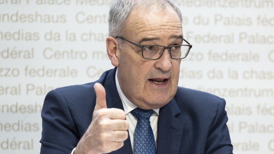 Bundesrat Guy Parmelin spricht an einer Medienkonferenz zur Foerderung von Bildung, Forschung und Innovation in den Jahren 2025-2028, am Freitag, 8. Maerz 2024, in Bern. (KEYSTONE/Peter Schneider)