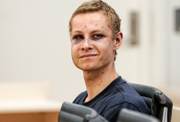 epa07769762 Philip Manshaus, charged with murder and attempted act of terror, appears in court for his detention hearing, in Oslo, Norway, 12 August 2019. A 21-year-old Norwegian man is set to face co ...