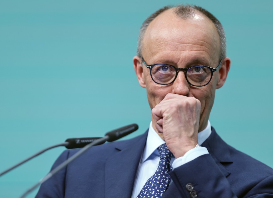 epa11921384 Chairman of Germany&#039;s Christian Democratic Union (CDU) Friedrich Merz attends news conference after a party leadership meeting of the Christian Democratic Union (CDU) at the party&#03 ...