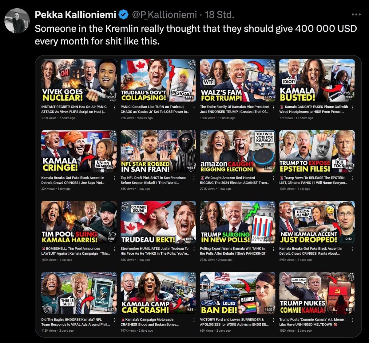 Tweet zu russischer Desinformation bei YouTube durch rechte US-Influencer.