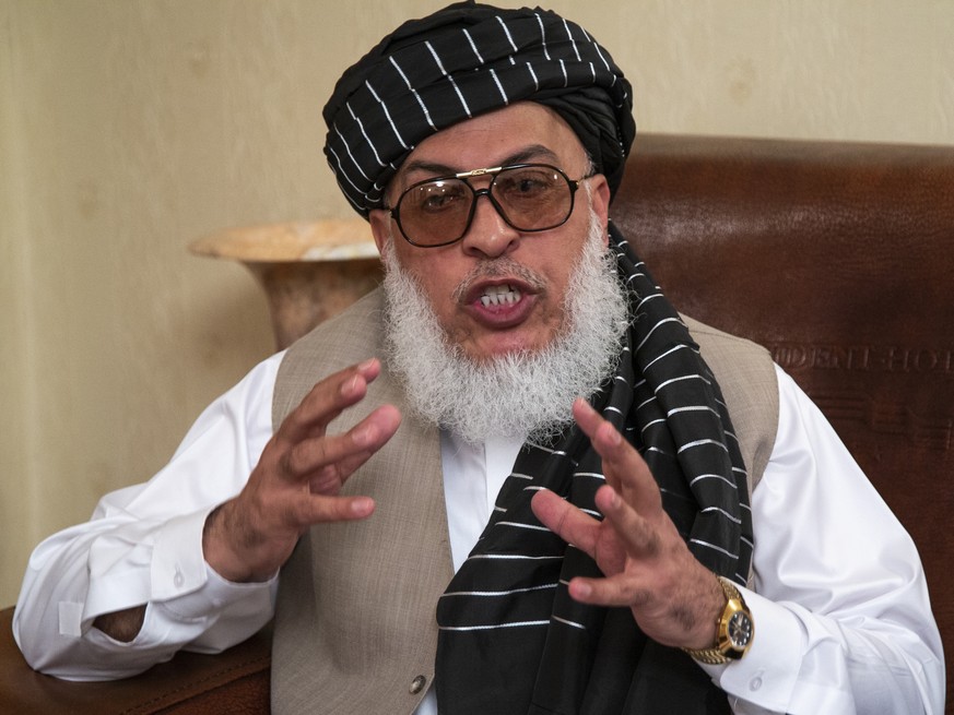 FILE - Sher Mohammad Abbas Stanikzai, the Taliban&#039;s chief negotiator, speaks to reporters after talks in Moscow, Russia,in a Tuesday, May 28, 2019 file photo. Sher Mohammad Abbas Stanikzai now he ...