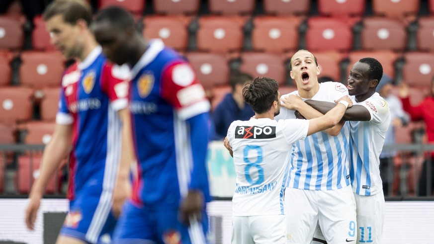 Zuerichs Michael Frey jubelt nach seinem 3:0 Tor im Fussball Meisterschaftsspiel der Super League zwischen dem FC Zuerich und dem FC Basel im Letzigrund, am Sonntag, 13. Mai 2018 in Zuerich. (KEYSTONE ...