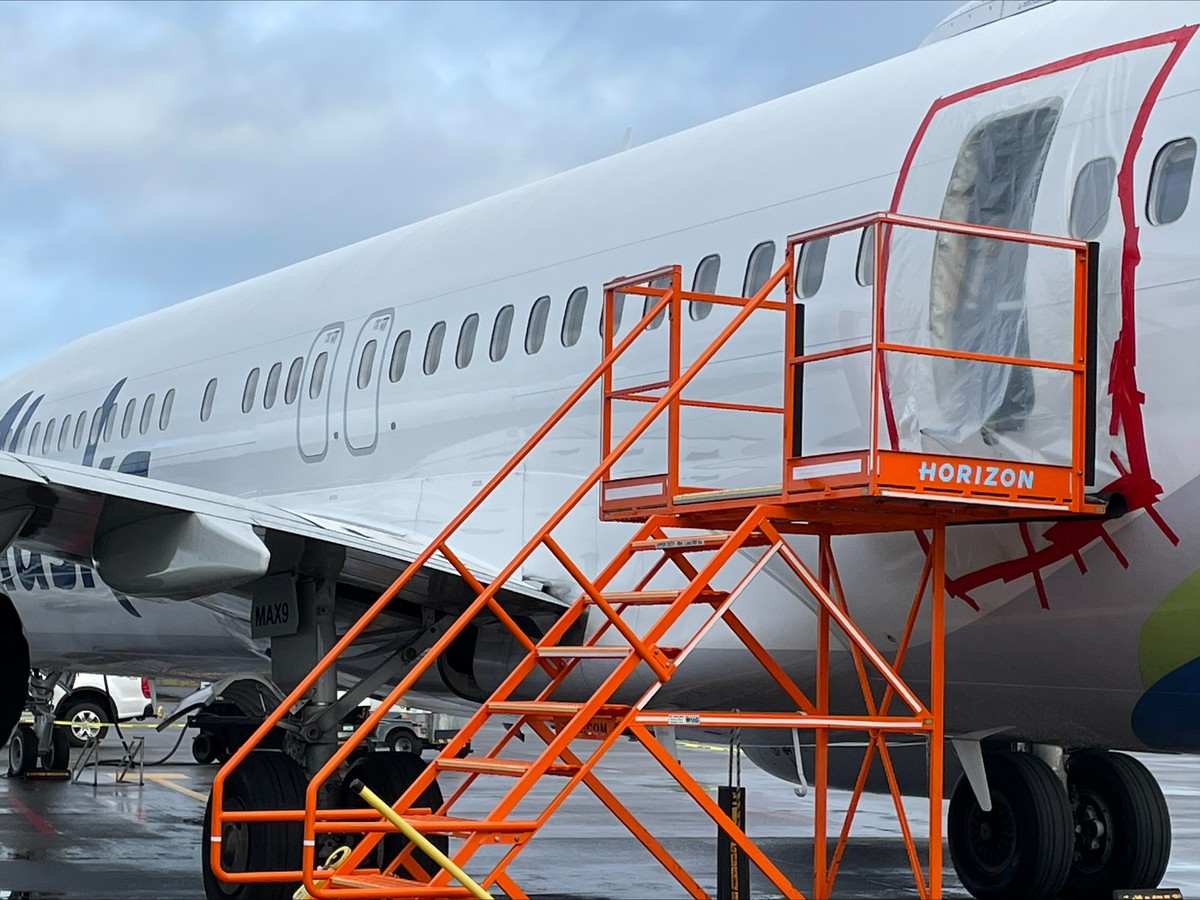 epa11064537 A handout photo made available on 08 January 2024 by the National Transportation Safety Board taken during the investigation into the sudden fuselage failure on a Boeing 737-9 MAX airplane ...