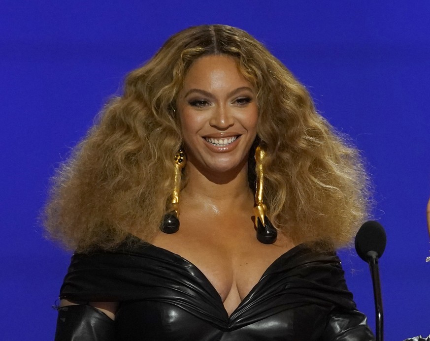 FILE - Beyonce appears at the 63rd annual Grammy Awards in Los Angeles on March 14, 2021. Beyoncé is nominated for nine Grammy Awards, including record and song of the year for �??Break My Soul�?� alo ...