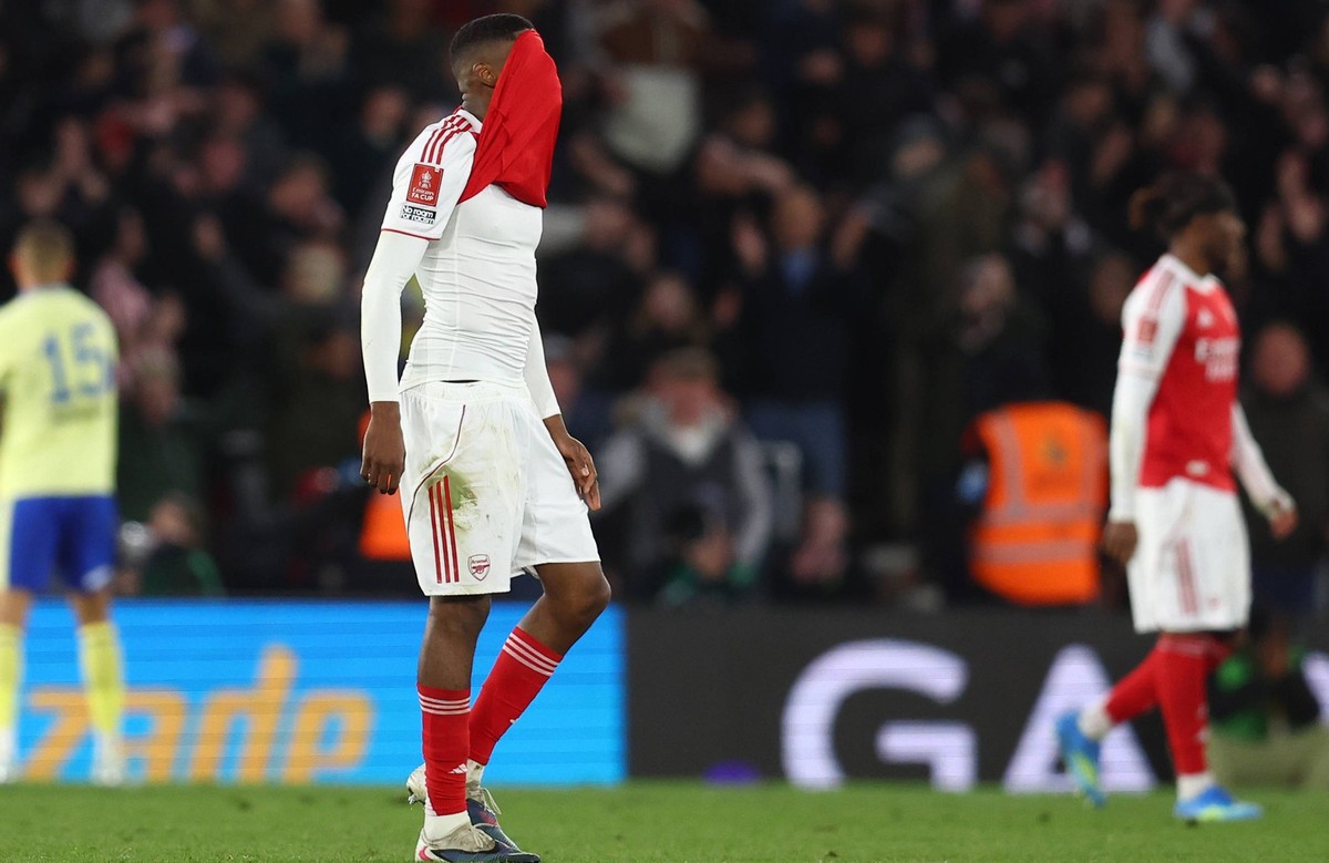Southampton, England, 4th April 2026. Cristhian Mosquera of Arsenal reacts at the final whistle during the Southampton vs Arsenal FA Cup quarter final match at St Mary s Stadium, Southampton. Picture  ...