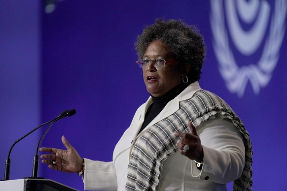 The Prime Minister of Barbados Mia Amor Mottley speaks during the opening ceremony of the COP26 U.N. Climate Summit, in Glasgow, Scotland, Monday, Nov. 1, 2021. The U.N. climate summit in Glasgow gath ...