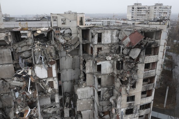 A view of a damaged multi-storey apartment building hit by a Russian missile, in Kharkiv, Ukraine, Saturday, March 16, 2024. Kharkiv is Ukraine&#039;s closest big city to the Russian border and is reg ...