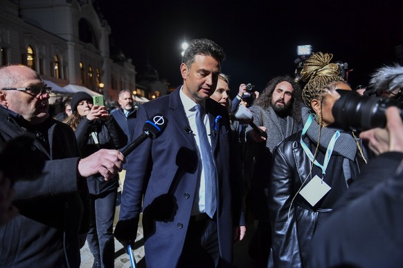 Opposition leader Peter Marki-Zay talks to reporters during an election night rally in Budapest, Hungary, Sunday, April 3, 2022. Early partial results in Hungary&#039;s national election are showing a ...