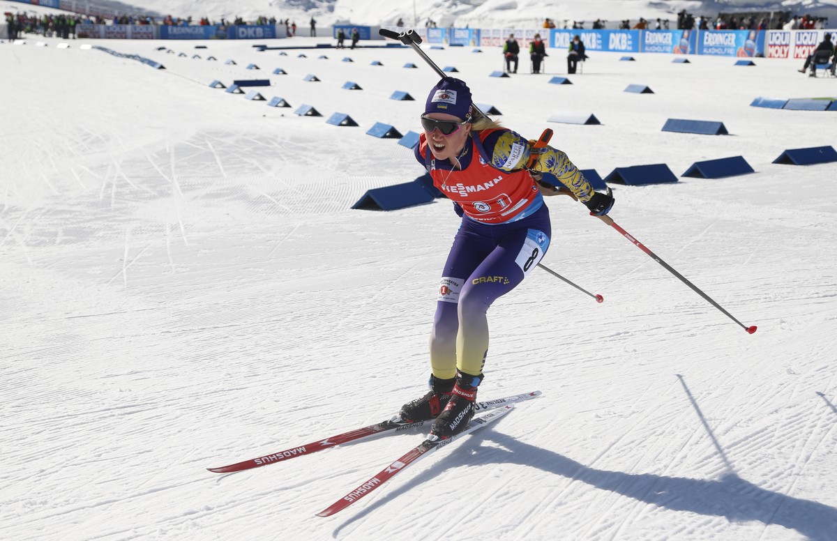 Ukraine's Anastasiya Merkushyna competes during the women's 4x6km relay race at the World Championships Biathlon event in Pokljuka, Slovenia, Saturday, Feb. 20, 2021. (AP Photo/Darko Bandic)