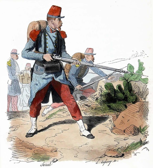 Uniform der Fremdenlegionäre, 1852.
https://commons.wikimedia.org/wiki/File:L%C3%A9gion_%C3%89trang%C3%A8re_1852.png