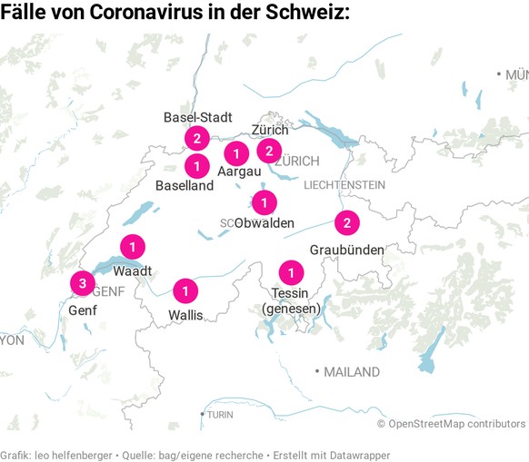 Ãbersichtskarte mit den 15 Coronavirus-FÃ¤llen in der Schweiz. Stand 29.02.2020, 0600