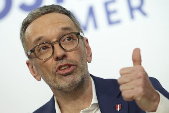 The leader of Austria&#039;s Freedom Party FPOe, Herbert Kickl, addresses a news conference in Vienna, Austria, Wednesday, Feb 12, 2025. (AP Photo/Heinz-Peter Bader)