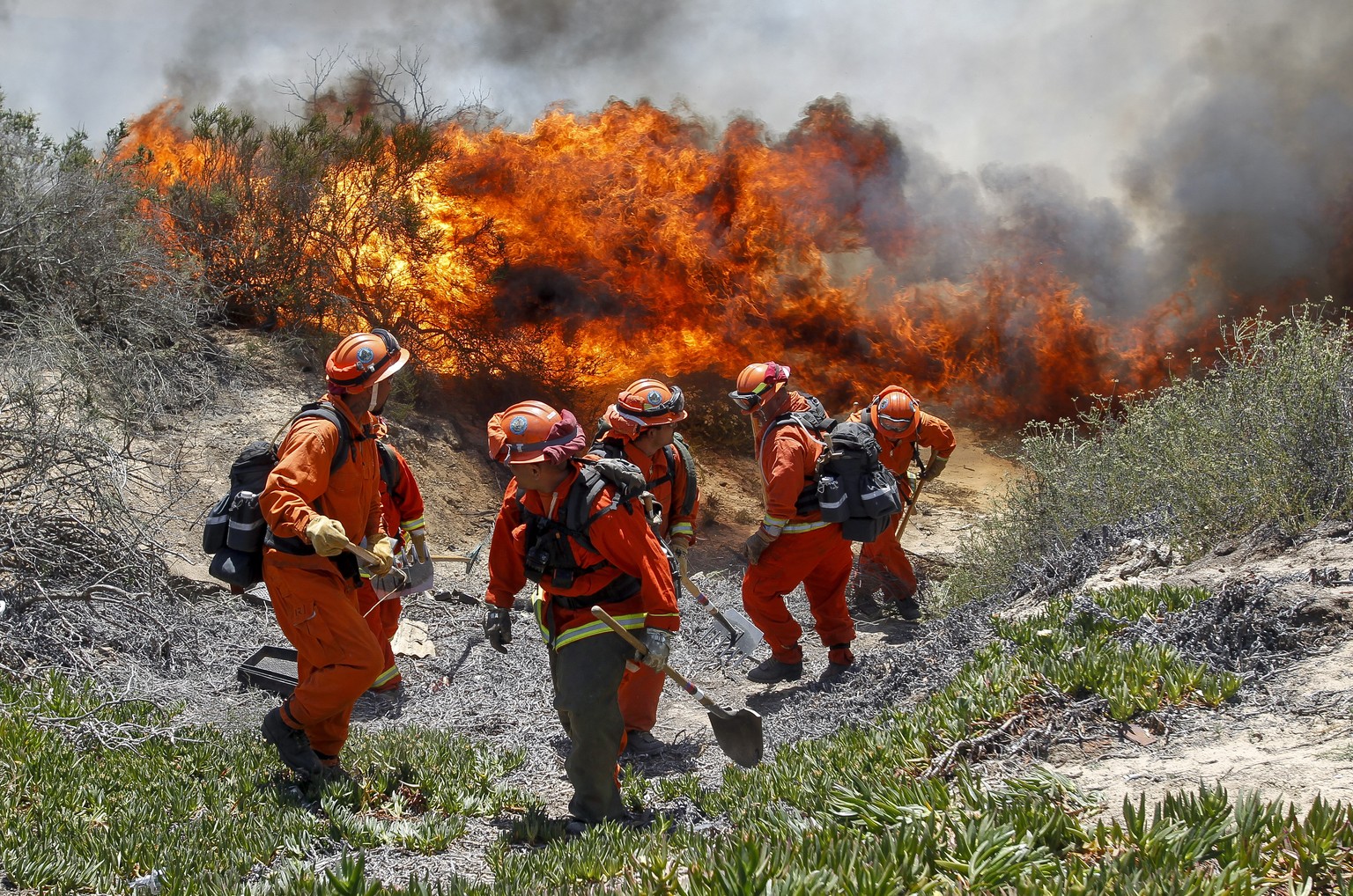 Feuerwehrleute flüchten vor dem Feuer.