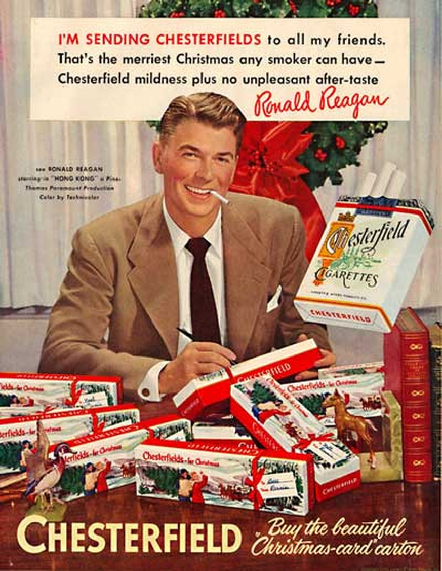 Tabakwerbung von Ronald Reagan
https://forgottenhistoryblog.com/before-becoming-president-ronald-reagan-was-a-paid-cigarette-model/