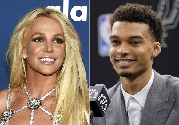 FILE - Britney Spears appears at the 29th annual GLAAD Media Awards in Beverly Hills, Calif., on April 12, 2018, left, and San Antonio Spurs NBA basketball first round draft pick Victor Wembanyama spe ...