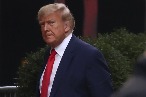 Former President Donald Trump arrives at Trump Tower, Monday, April 3, 2023, in New York. Trump arrived in New York on Monday for his expected booking and arraignment the following day on charges aris ...