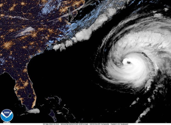 This image provided by the National Hurricane Center National Oceanic and Atmospheric Administration shows a satellite view as Hurricane Fiona moves up the United States Atlantic coast, Thursday night ...