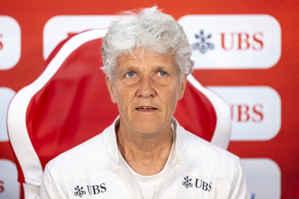 epa12150347 Switzerland's team head coach Pia Sundhage speaks to the media during a press conference of the Switzerland women's national football team on the eve of the UEFA Women's Nat ...