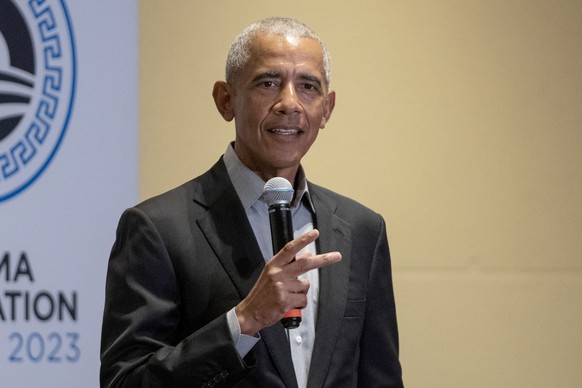 FILE - Former President Barack Obama speaks to the members of the Obama Foundation&#039;s leadership program in Athens, Greece, June 21, 2023. Obama and former President Bill Clinton will join Preside ...