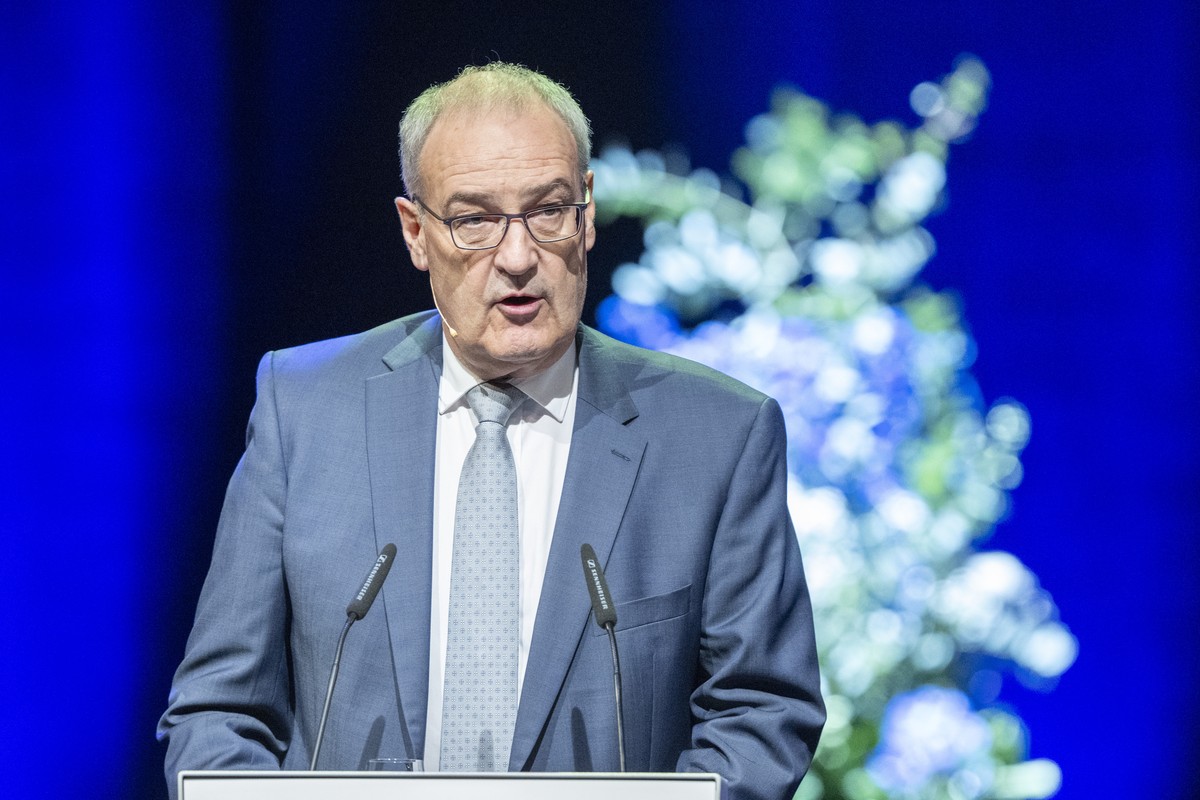 Der Schweizer Bundespraesident Guy Parmelin bei seiner Ansprache, anlaesslich des Swiss Media Forum vom Donnerstag, 7. Mai 2026 im KKL in Luzern. (KEYSTONE/Urs Flueeler)